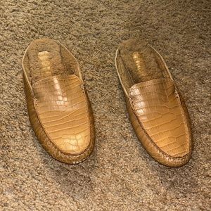 M. Gemi Tan Croc-Embossed Leather Shearling Lined Mules